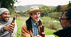 Beer, toast and camping with friends in nature for holiday getaway, bonding and celebration. Adventure, travel vacation and cheers with group of people and drink outdoor for support and alcohol