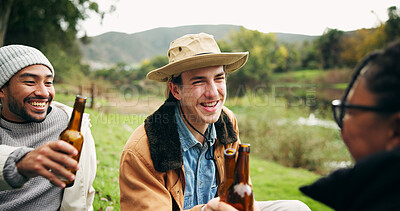 Buy stock photo Beer, toast and camping with friends in nature for holiday getaway, bonding and celebration. Adventure, travel vacation and cheers with group of people and drink outdoor for support and alcohol