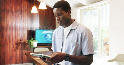 Buy stock photo Finance, reading and tablet with business black man in office for investment or portfolio review. App, information and report with financial person in workplace for planning, research or update