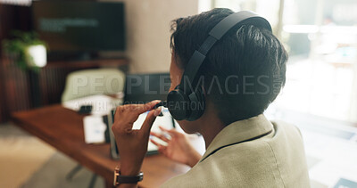 Buy stock photo Hands, headset and consultant with discussion at office for legal advice, insight or connection. Person, advisor or contact with voip tech, microphone or review for virtual consultation at law agency