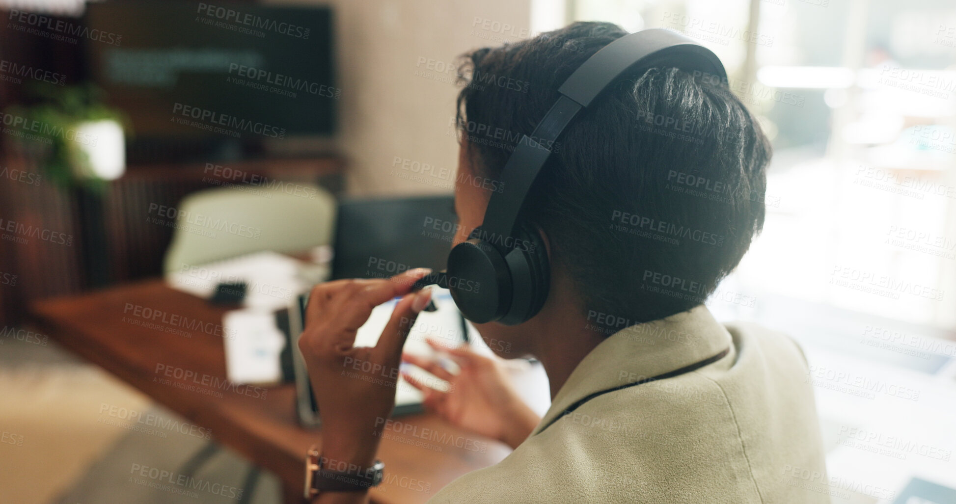Buy stock photo Hands, headset and consultant with discussion at office for legal advice, insight or connection. Person, advisor or contact with voip tech, microphone or review for virtual consultation at law agency
