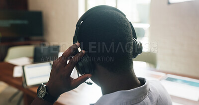 Buy stock photo Headset, contact and businessman in office for online consultation on property listing with feedback. Discussion, mic and back of real estate agent with tech for price negotiation, offer or review.