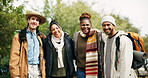 Travel, hiking and portrait with friends in nature for relax, adventure and winter vacation. Weekend break, wilderness explore and holiday getaway with people outdoor for trekking trip and bonding