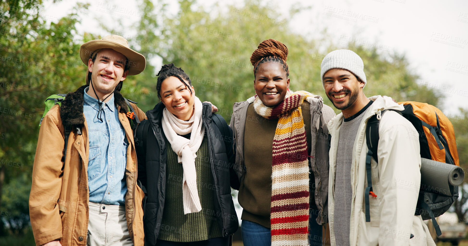 Buy stock photo Travel, hiking and portrait with friends in nature for relax, adventure and winter vacation. Weekend break, wilderness explore and holiday getaway with people outdoor for trekking trip and bonding