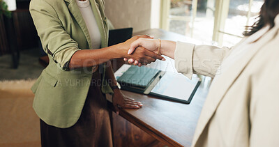 Buy stock photo Business, women and handshake in office for agreement, b2b partnership and marketing deal. Shaking hands, people and collaboration in workplace for advertising offer, cooperation and teamwork