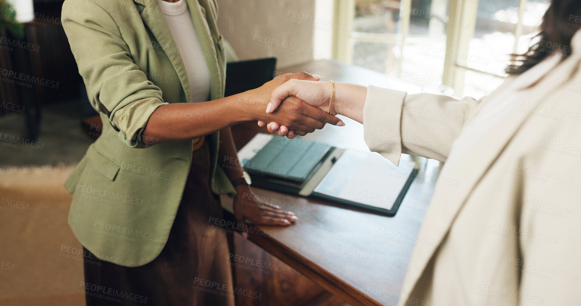 Buy stock photo Business, women and handshake in office for agreement, b2b partnership and marketing deal. Shaking hands, people and collaboration in workplace for advertising offer, cooperation and teamwork