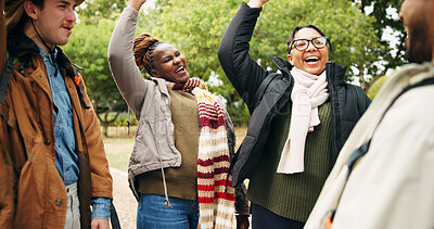Buy stock photo People, raised hand and talk with guide for hiking, happy and answer with info for nature tourism. Group, women and men with gesture, excited and questions with trekking on vacation in countryside