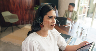 Buy stock photo Tablet, help and woman in office for technical support, problem solving and feedback with crm. Tech, call center and consultant coworking with headset for customer service, IT assistance or thinking