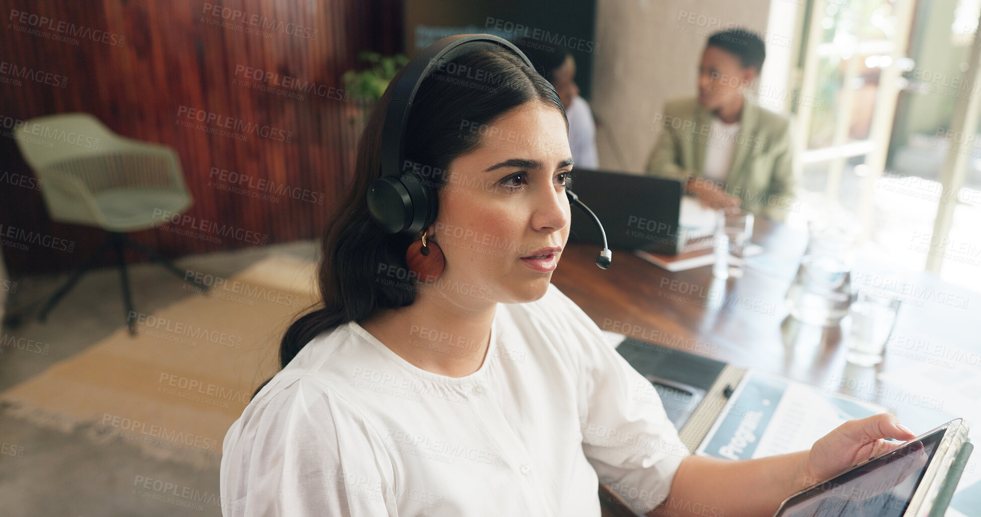 Buy stock photo Tablet, help and woman in office for technical support, problem solving and feedback with crm. Tech, call center and consultant coworking with headset for customer service, IT assistance or thinking