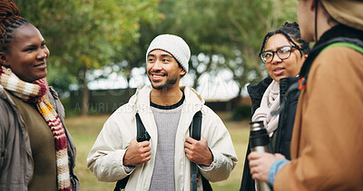 Buy stock photo Travel, hiking and happy with friends in nature for relax, adventure and winter vacation. Weekend break, wilderness explore and holiday getaway with people outdoor for trekking trip and bonding