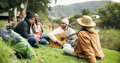 Buy stock photo Camping, friends and people in forest, guitar and bonding together for reunion, funny and singing. Outdoor, happiness and group in woods, laughing and string instrument for performance or vacation
