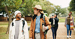 Walk, travel and hiking with friends in nature for eco vacation, adventure and weekend break. Trekking, winter holiday and sustainability tourism with people outdoor for explore, talk and trip