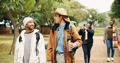 Buy stock photo Walk, travel and hiking with friends in nature for eco vacation, adventure and weekend break. Trekking, winter holiday and sustainability tourism with people outdoor for explore, talk and trip