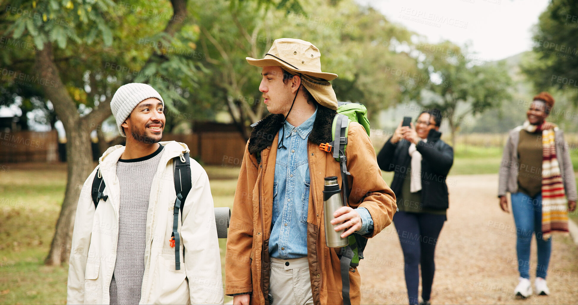 Buy stock photo Walk, travel and hiking with friends in nature for eco vacation, adventure and weekend break. Trekking, winter holiday and sustainability tourism with people outdoor for explore, talk and trip
