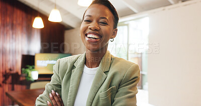 Buy stock photo Realtor, portrait or black woman in agency with arms crossed, career pride or ambition as property seller. Happy, job or real estate agent with about us, confidence or experience in housing market.