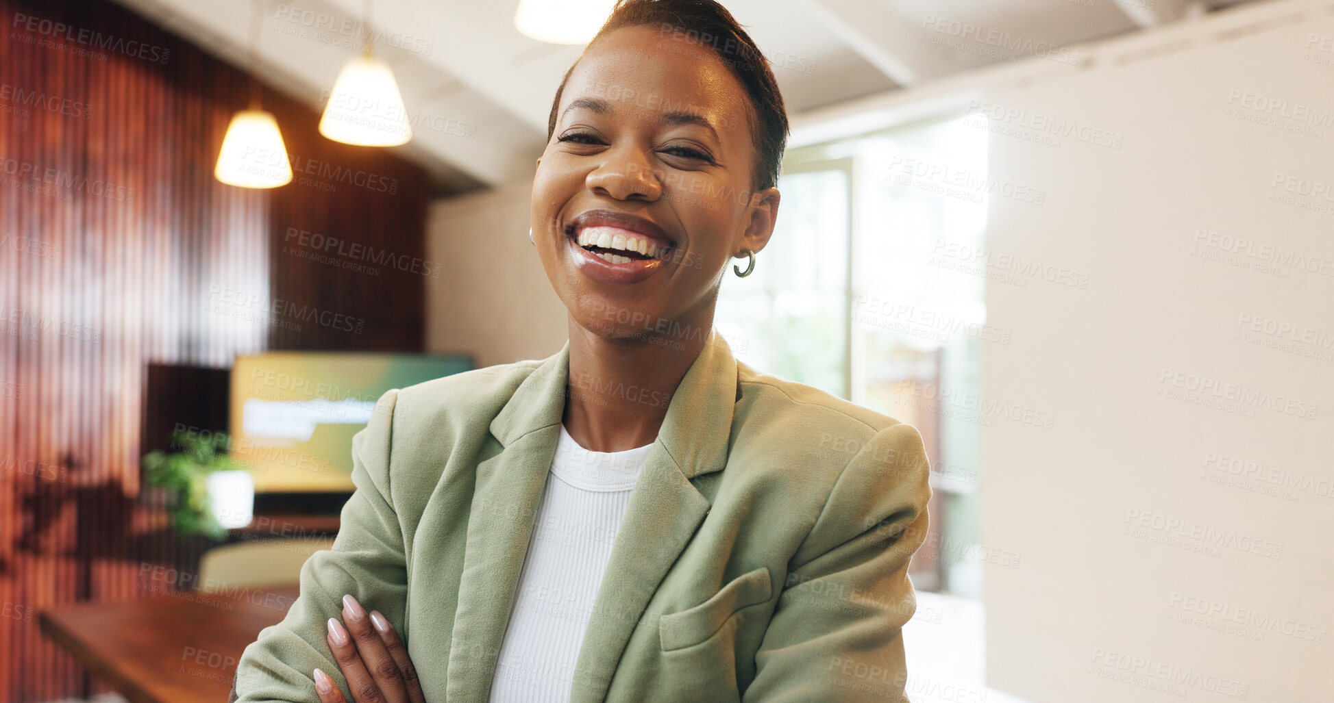 Buy stock photo Realtor, portrait or black woman in agency with arms crossed, career pride or ambition as property seller. Happy, job or real estate agent with about us, confidence or experience in housing market.