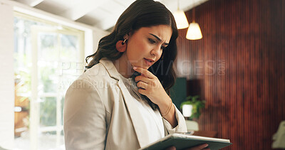 Buy stock photo Finance, tablet and thinking with business woman in office for investment or portfolio review. App, information and problem solving with financial employee in workplace for online report or update