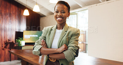 Buy stock photo Realtor, portrait or black woman in office with arms crossed, career pride or ambition as property seller. Happy, job or real estate agent with about us, confidence or experience in housing market.