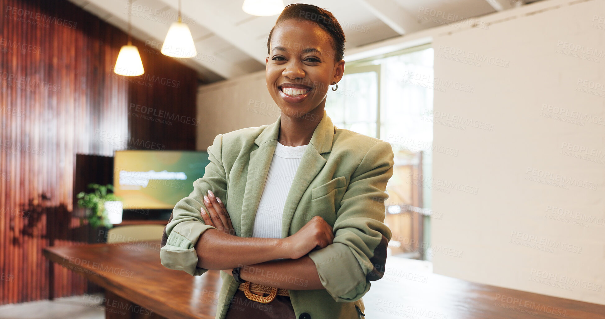 Buy stock photo Realtor, portrait or black woman in office with arms crossed, career pride or ambition as property seller. Happy, job or real estate agent with about us, confidence or experience in housing market.