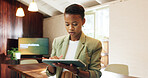 Tablet, research and black woman in office with sustainability audit, website or ESG compliance report. Person, scroll or check business policy with tech for eco friendly plan, proposal or regulation