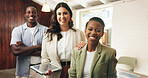 Happy, tablet and portrait of business people in office with teamwork for company about us. Digital technology, professional and real estate agents with pride for collaboration on property listing.