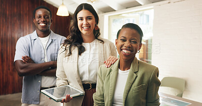 Buy stock photo Happy, tablet and portrait of business people in office with teamwork for real estate about us. Digital technology, professional and company agents with pride for collaboration on property listing.