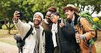 Selfie, hiking and happy with friends in nature for social media post, travel adventure and profile picture. Trekking holiday, photography memory and vacation with group of people outdoor for trip