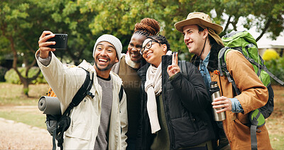 Buy stock photo Selfie, hiking and happy with friends in nature for social media post, peace sign and profile picture. Trekking holiday, photography memory and vacation with group of people outdoor for travel