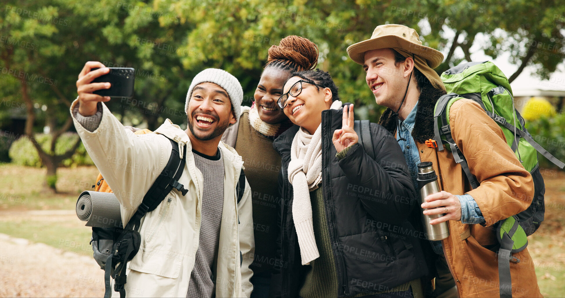 Buy stock photo Selfie, hiking and happy with friends in nature for social media post, peace sign and profile picture. Trekking holiday, photography memory and vacation with group of people outdoor for travel