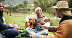 Camping, friends and people in woods, guitar and bonding together for reunion, smile and singing. Funny, musician and group in forest, happiness and string instrument for performance, song or holiday