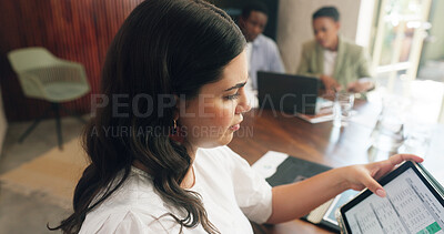 Buy stock photo Finance, report and tablet screen with business woman in office for investment or portfolio review. App, data and information with financial employee in workplace for colleague meeting or update