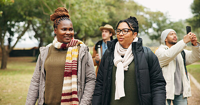Buy stock photo Talking, walk and hiking with friends in nature for eco travel vacation, adventure and weekend break. Trekking, winter holiday and sustainability tourism with people outdoor for explore and trip