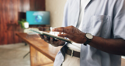 Buy stock photo Finance, hands and tablet with business man in office for investment, portfolio review or scroll. App, information and research with financial employee in workplace for budget, planning or update