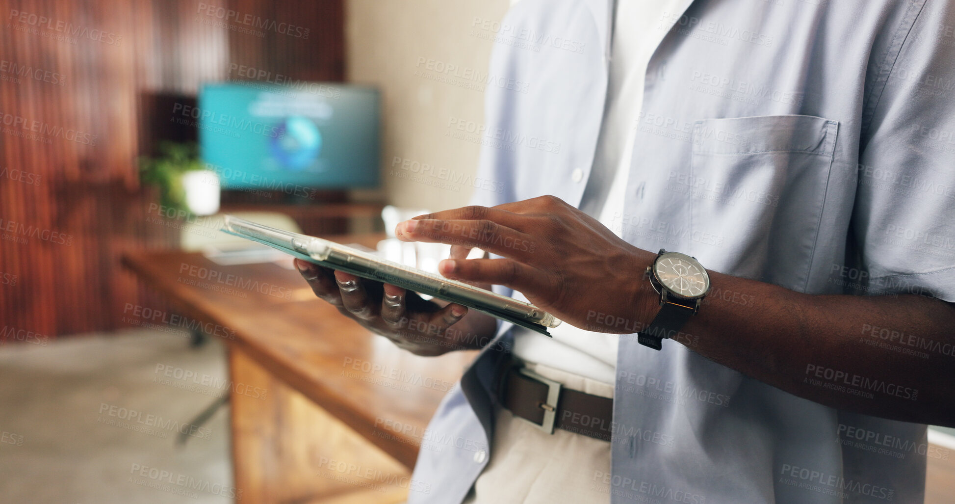 Buy stock photo Finance, hands and tablet with business man in office for investment, portfolio review or scroll. App, information and research with financial employee in workplace for budget, planning or update