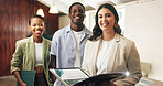 Happy, folder and portrait of business people in office with teamwork for company about us. Documents, professional and real estate agents in meeting with pride for collaboration on property listing.