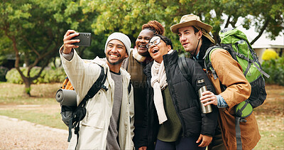 Buy stock photo Selfie, hiking and smile with friends in nature for social media post, travel adventure and profile picture. Trekking holiday, photography memory and vacation with group of people outdoor for trip