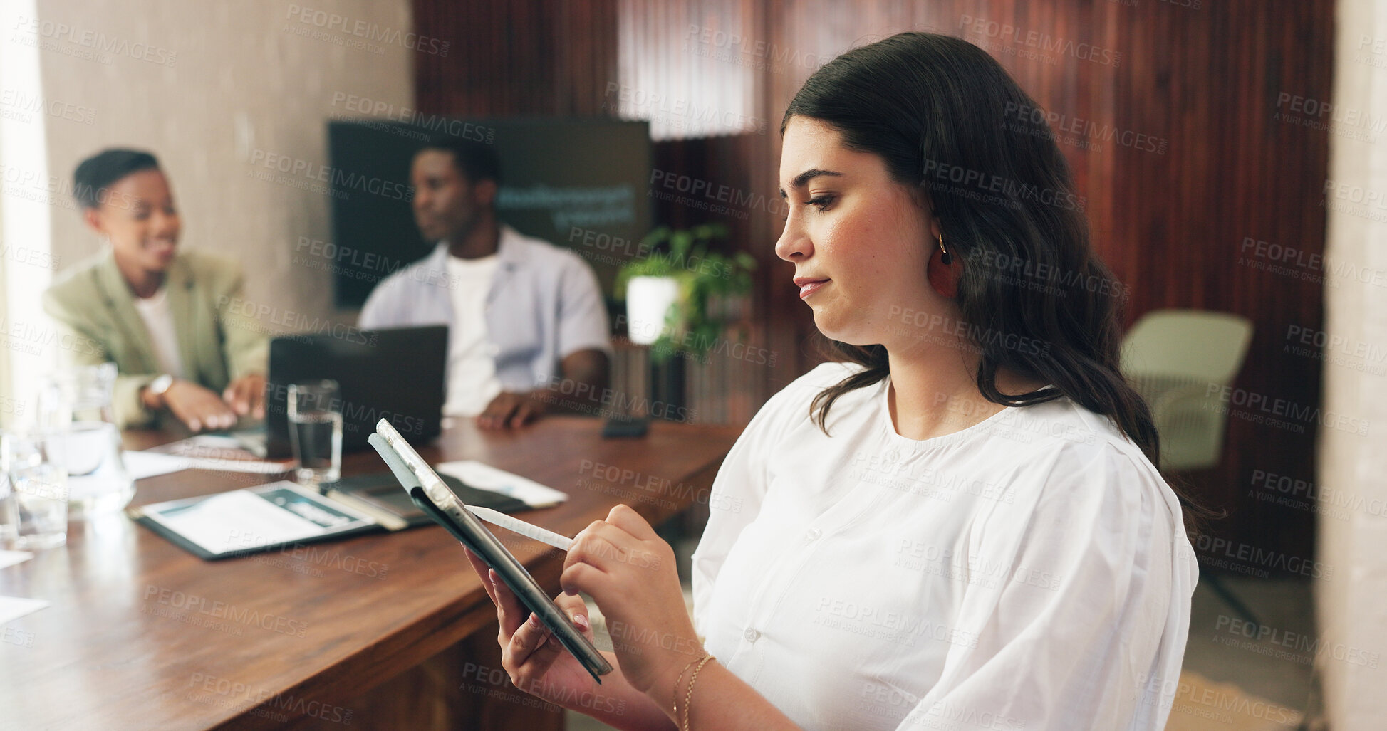Buy stock photo Data, finance and tablet with business woman in office for investment or portfolio management. App, information and planning with financial employee in workplace for colleague meeting or update