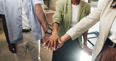 Buy stock photo Above, business and people with hand stack in office for good news, real estate success and celebration. Employees, huddle and achievement for property deal, team motivation and auction milestone