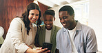 Mobile, group and business people in office to share idea, show post or social media campaign. Phone, smile and creative team in workplace for planning, marketing review or project collaboration