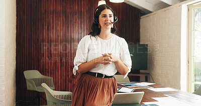 Buy stock photo Headset, speaking and business woman in office, vendor instructions and contact for problem solving. Talking, tech and event coordinator with plan for troubleshooting, schedule and operational info