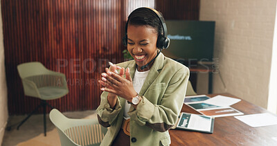 Buy stock photo Headset, excited and businesswoman with applause in office, event planner and celebration for feedback. Clap, coordinator or black person with happiness for venue booking success, tech or achievement