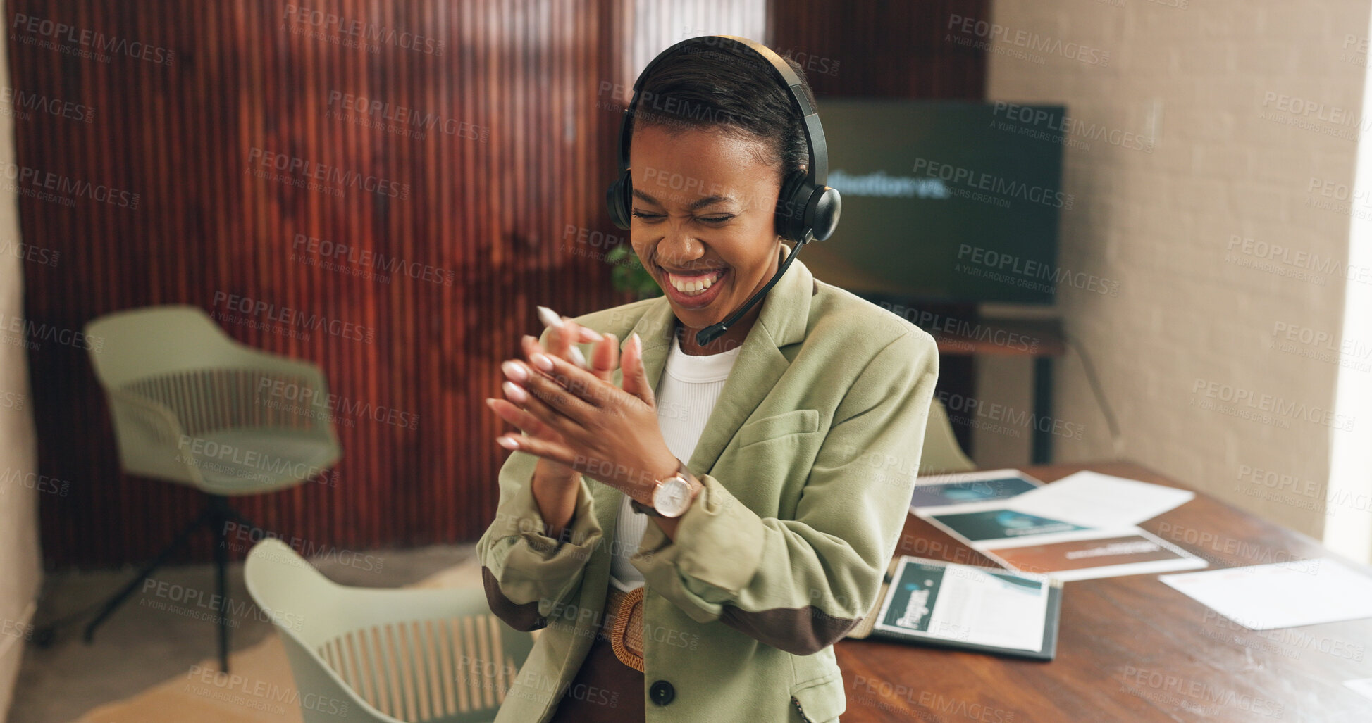 Buy stock photo Headset, excited and businesswoman with applause in office, event planner and celebration for feedback. Clap, coordinator or black person with happiness for venue booking success, tech or achievement