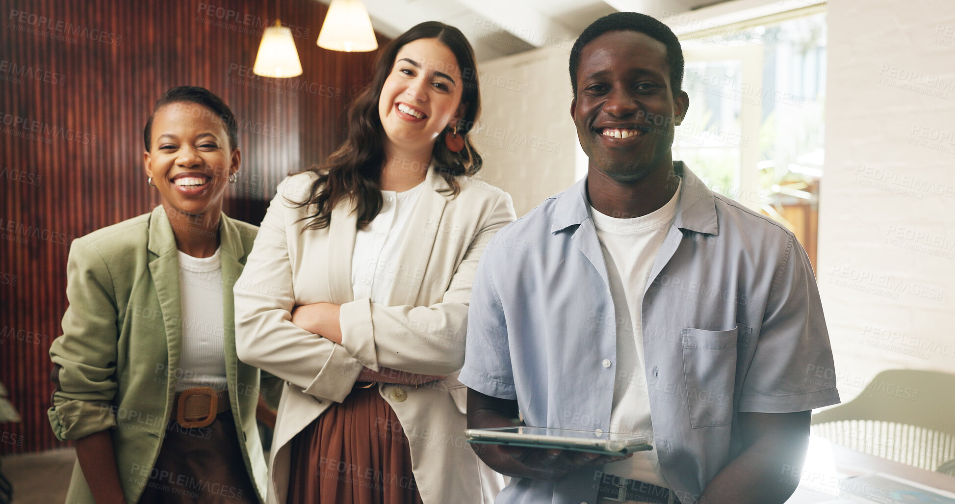 Buy stock photo Smile, tablet and portrait of business people in office with teamwork for company about us. Digital technology, crossed arms and real estate agents with pride for collaboration on property listing.