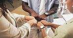Hands, business and people with fist bump in office for good news, real estate success and celebration. Huddle, gesture and staff achievement for property deal, team motivation and auction milestone 