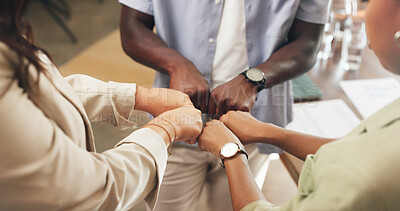 Buy stock photo Hands, business and people with fist bump in office for good news, real estate success and celebration. Huddle, gesture and staff achievement for property deal, team motivation and auction milestone 