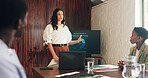 Woman, presentation and mental health at office meeting with team, monitor and graphs at hr company. Person, speaker and screen with discussion, feedback or review with charts for employee wellness