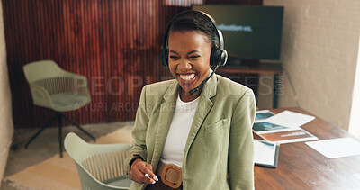 Buy stock photo Headset, excited and business woman in office for contact, venue booking verification or planning. Smile, black person or happy coordinator with tech for vendor instructions, scheduling or event info