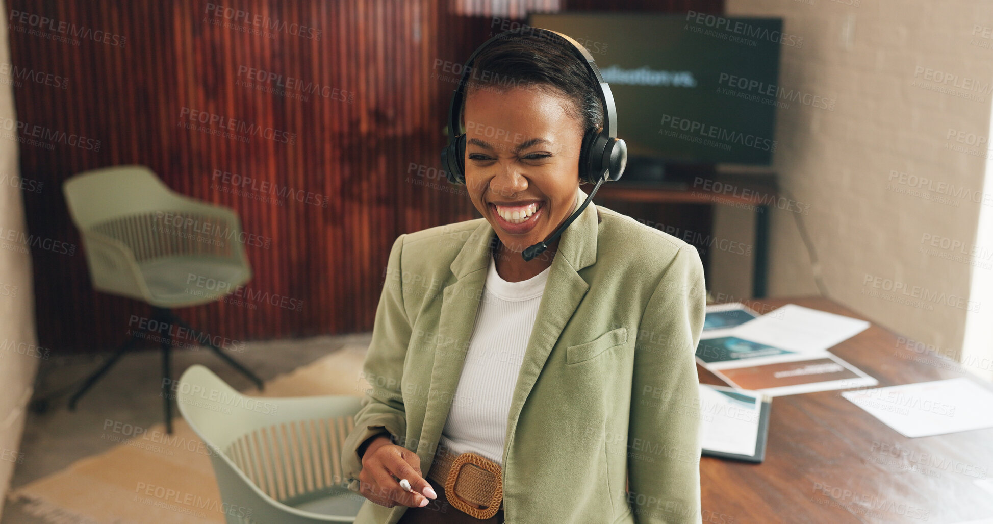 Buy stock photo Headset, excited and business woman in office for contact, venue booking verification or planning. Smile, black person or happy coordinator with tech for vendor instructions, scheduling or event info