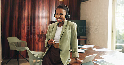 Buy stock photo Laugh, headset or business woman in office for customer care, help desk contact or troubleshooting. Problem solving, black person or virtual assistant with funny conversation, smile or tech support