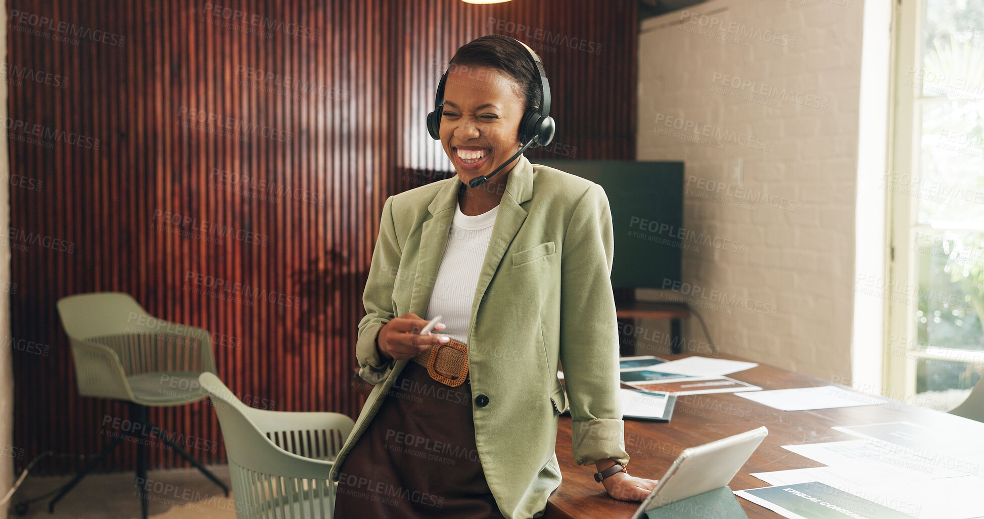 Buy stock photo Laugh, headset or business woman in office for customer care, help desk contact or troubleshooting. Problem solving, black person or virtual assistant with funny conversation, smile or tech support